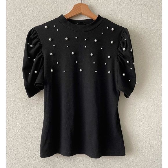 Shein Curve Black Top with Puffed Sleeve with raised pearl design size XL - Picture 1 of 5